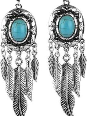 NEW Blue Turquoise Dream Catcher Feather Earrings Bohemian Western Boho Trendy